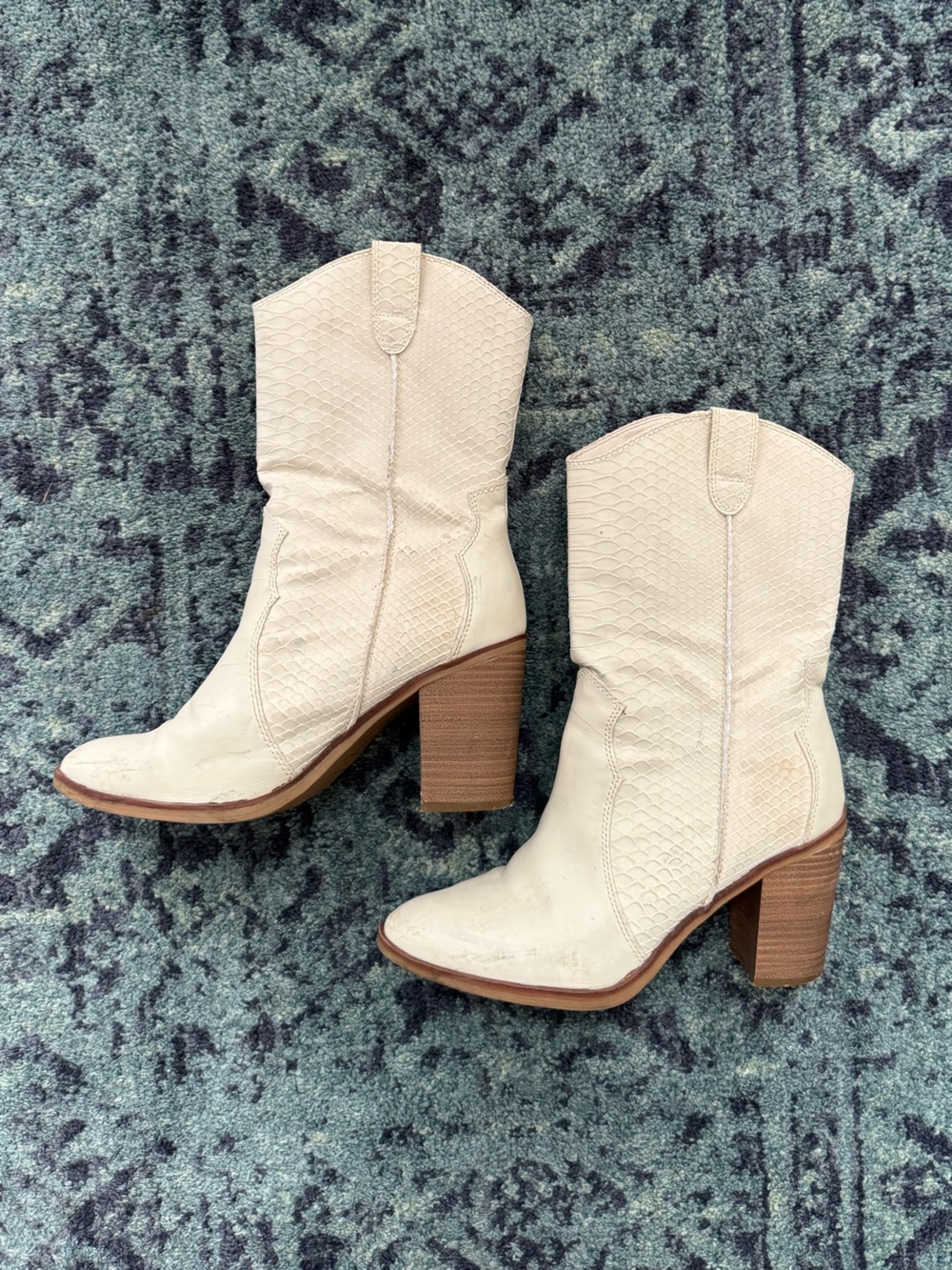MIA Cream Textured Western Block Heel Boots